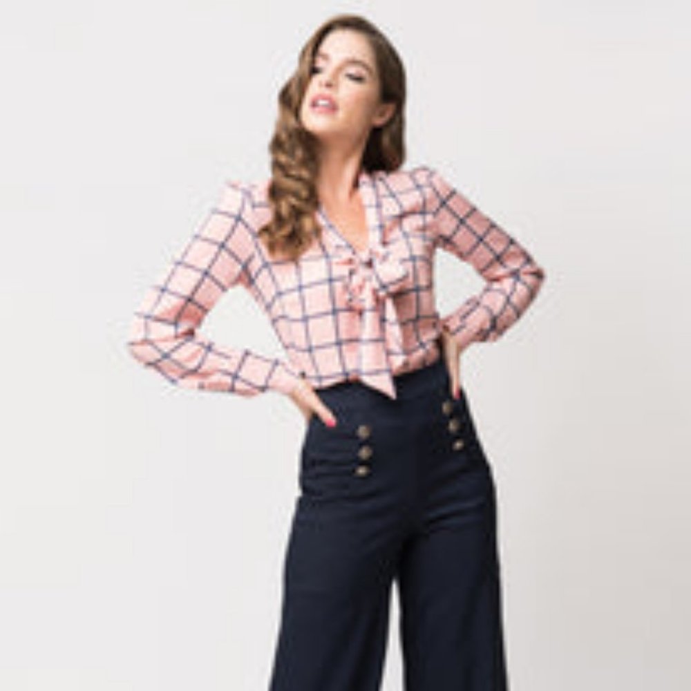 Pink & Navy Checkered Long Sleeve Blouse